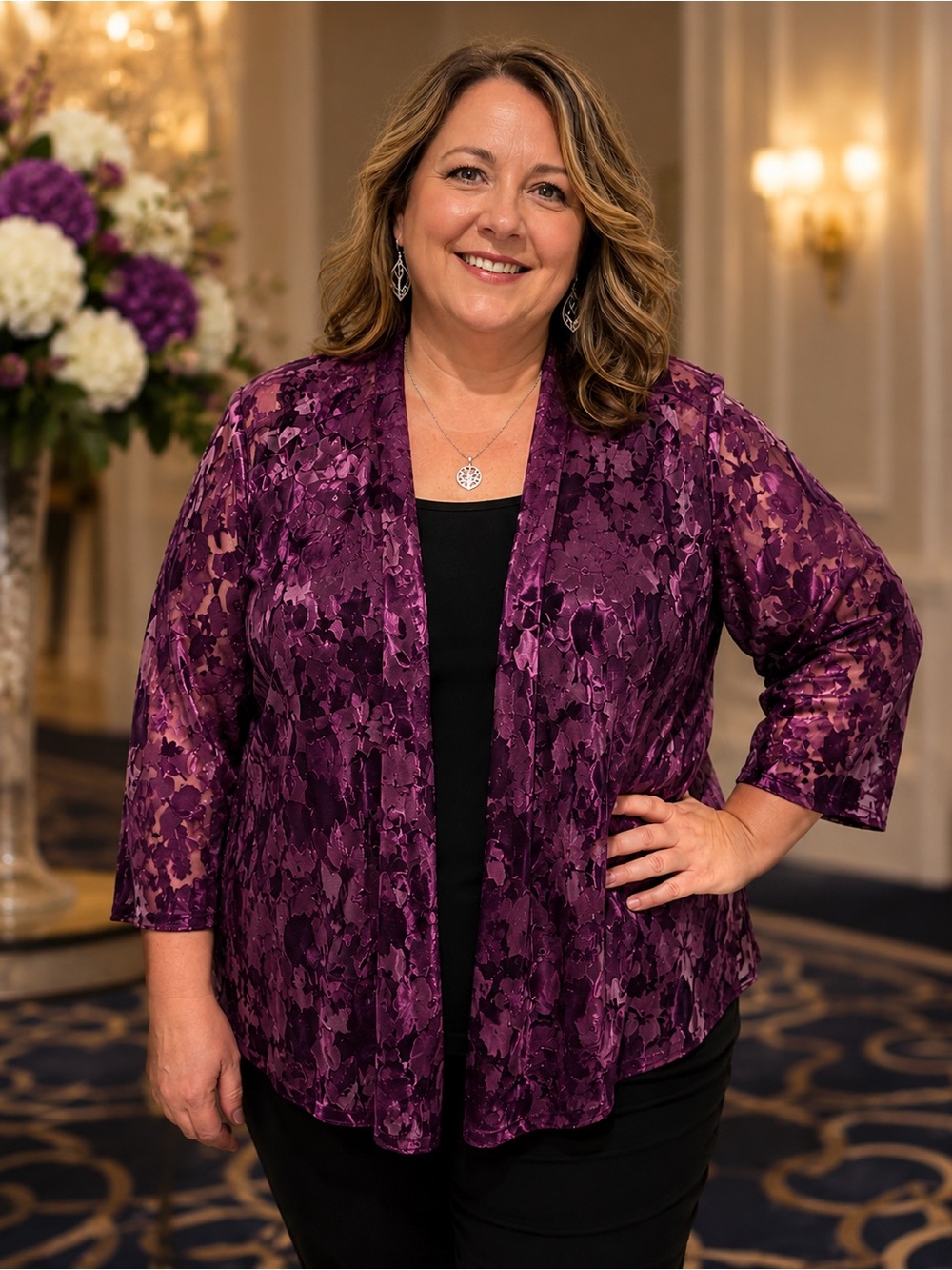 Alex Evenings Plum Floral Lace Overlay Jacket